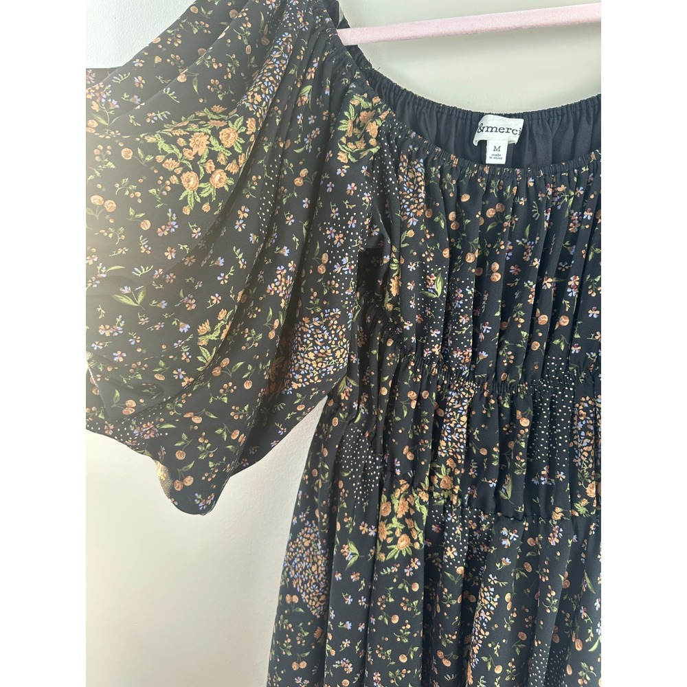 &merci Off the Shoulder Smocked Mini Dress Black Medium Floral Puff Sleeve Boho - Picture 3 of 10
